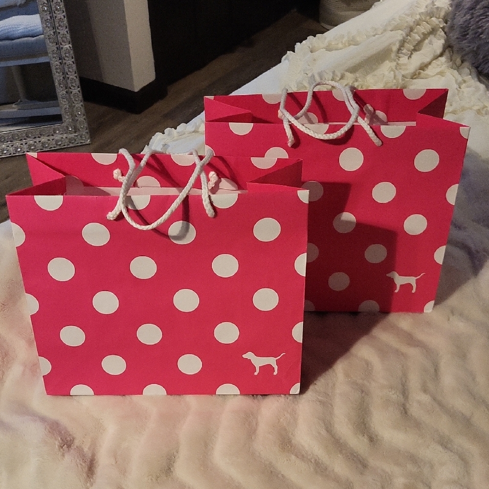 🎀 PINK Victoria's Secret 🎀 VINTAGE  Hot Pink Polka Dot Shopping / Gift Bags🐕